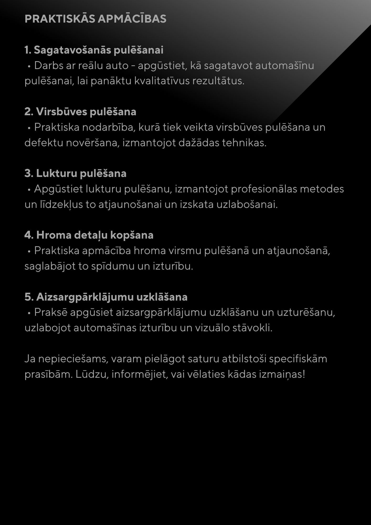 Profesionāli virsbūves pulēšanas kursi